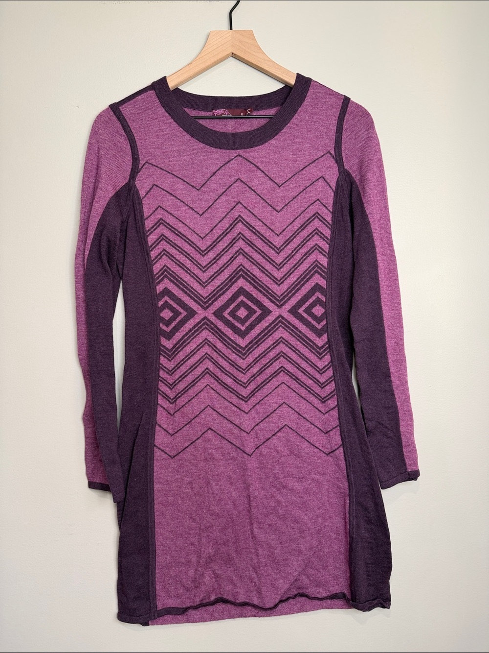 Prana Delia Dress Long Sleeve Purple Chevron Knit Dress S